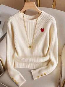 Elegante camiseta de punto de cuello redondo, top de punto minimalista de moda, otoño/invierno - Albaricoque 3 - Ver 8