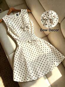 Vestido de línea A con cintura ceñida, decorado con lazo, a rayas azul y blanco, adecuado para la escuela, picnic de fin de semana, salida casual con amigos, de estilo fresco y dulce - Albaricoque - Ver 8