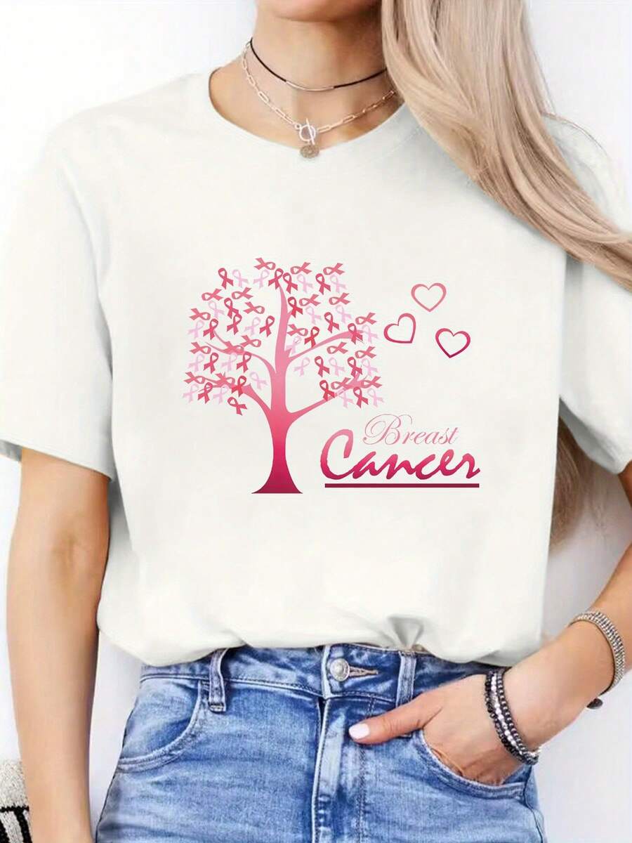 1 Piece Of Spring/Summer Casual T-Shirt With "Pink October" Letter Print, Round Neck, Short Sleeve, Sports T-Shirt, Women's Top, 180g 100% Cotton. - 白色 - 查看 1