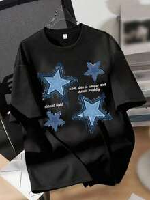 Camiseta Casual de Manga Corta para Mujer, Camiseta con Estampado Gráfico de Cuatro Diseños, Ropa de Verano, Camiseta Oversize, Streetwear Casual, Cuello Redondo, Algodón, Moda de Verano, Camiseta Holgada para Mujer, Atuendo Diario, Adecuada para primavera, verano y otoño. - Negro - Ver 1
