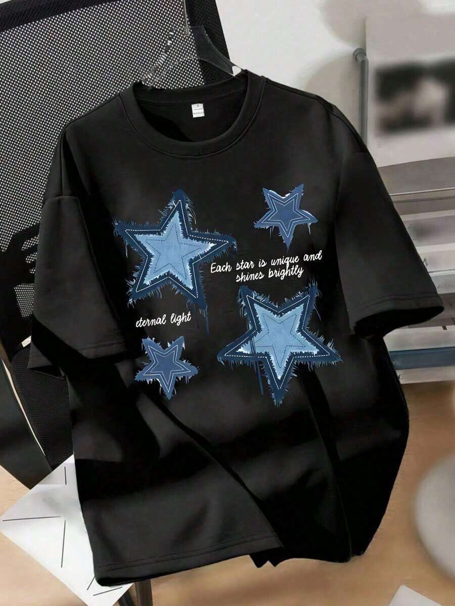 Camiseta Casual de Manga Corta para Mujer, Camiseta con Estampado Gráfico de Cuatro Diseños, Ropa de Verano, Camiseta Oversize, Streetwear Casual, Cuello Redondo, Algodón, Moda de Verano, Camiseta Holgada para Mujer, Atuendo Diario, Adecuada para primavera, verano y otoño. - Negro - Ver 1