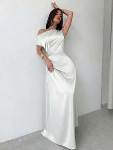 Vestido elegante asimétrico de hombro con pliegues y bajo de cola de sirena en color verde, adecuado para citas, vacaciones, bodas, eventos, regreso a la escuela, graduación, vestido de dama de honor formal, vestidos elegantes para mujer - Blanco - Ver 7
