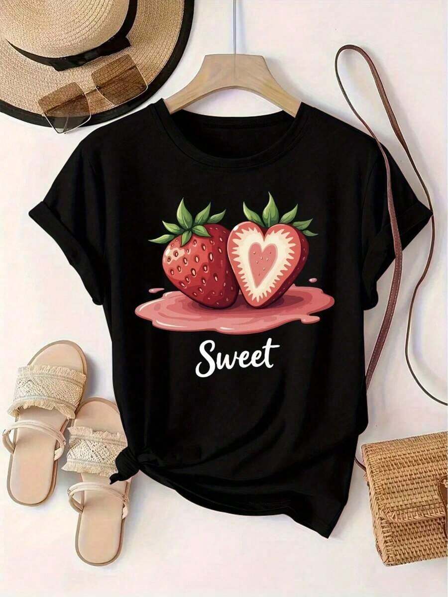 Plus Size Casual T-Shirt - Women's Short Sleeve Crew Neck Strawberry Print T-Shirt, Casual Style For European And American Fashion, 100% Cotton, Durable - 黑色 - 查看 1