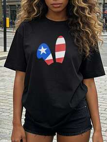 Women's Summer Clothing, Soft And Casual Cotton T-Shirt With Round Neck, Puerto Rican Culture Print. White. - 黑色 - 查看 2