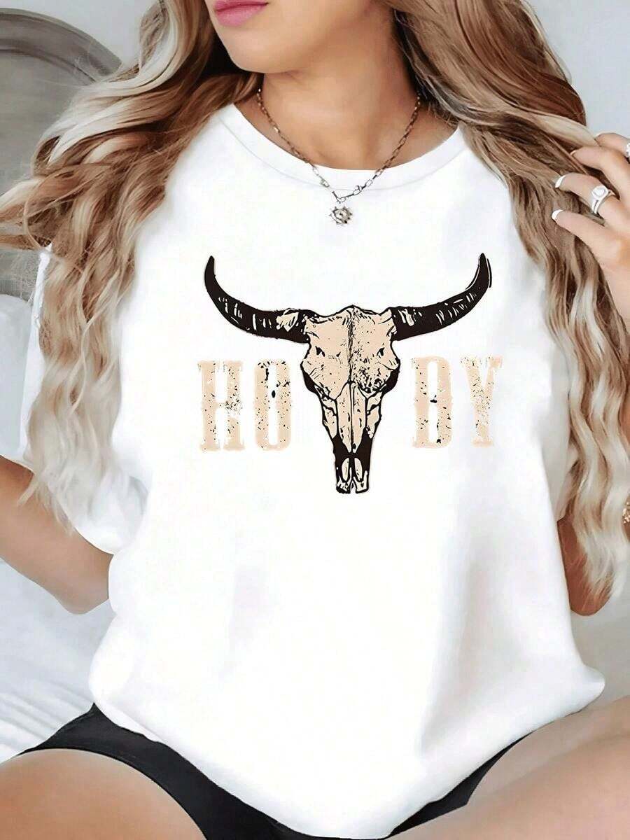 Loose Women's T-Shirt With A Bull Skull Print, Casual And Modern Style. Perfect For A Bold And Original Look! Basic Cotton T-Shirt With A Round Neck For Women. - 白色的 - 查看 1