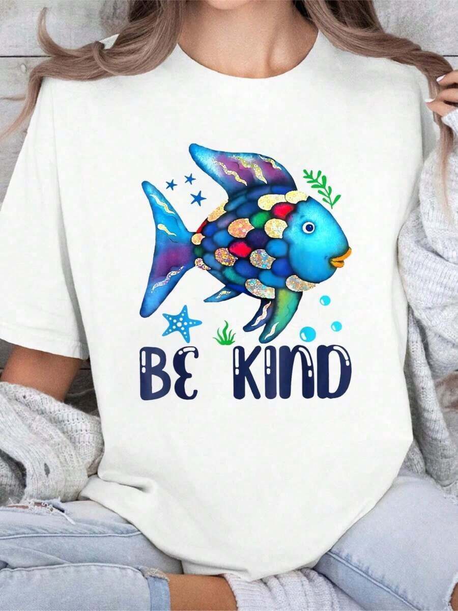100% Cotton Summer Clothes, Rainbow And Fish Print T-Shirt, For Teachers, Back To School, Women's Summer Outfits - 白色 - 查看 1