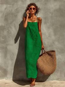 Solid Color Vintage Casual Cotton Linen Long Strap Dress Women - White - View 11