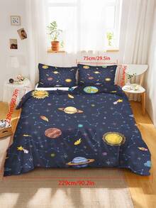 2/3件組 銀河太空行星星座兒童床上用品套裝，深藍色太陽系星星流星印花被套組，柔軟輕盈外太空床品套裝，適用單人/雙人/加大床 - 彩色 - 查看 13