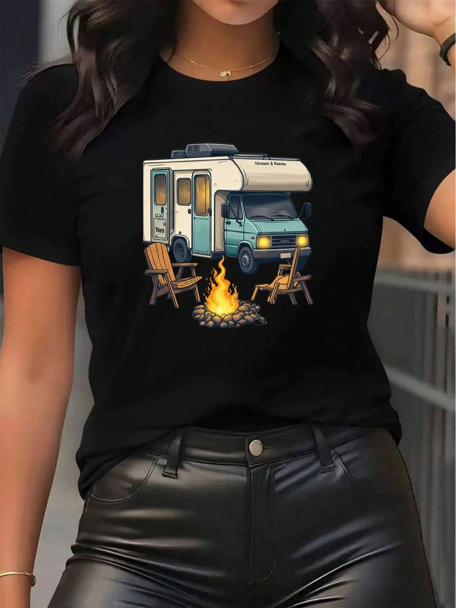 Women's Short-Sleeved T-Shirt With A Round Neck, Modern Design, And Anime-Style Printed Lettering. Comfortable And Easy To Wear. Ideal For Casual Everyday Wear And A Naturally Elegant Style; A Must-Have For Summer Parties. Local Payment. - 黑色 - 查看 1