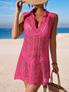 Cubre vestido de punto calado de unicolor para mujer, para el verano - Rosa Fucsia - Ver 3