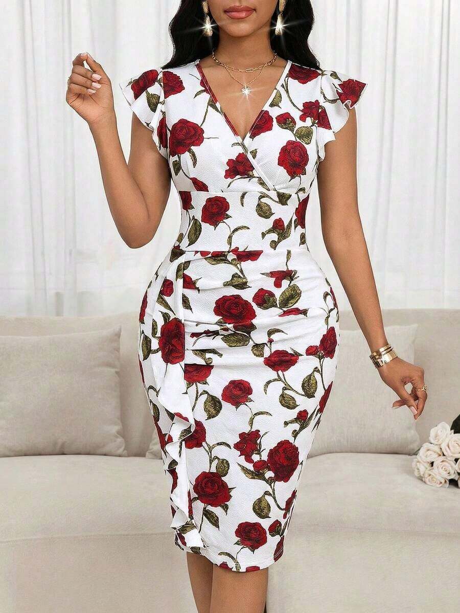 Lady Vestido midi elegante de mujer con cuello en V, estampado floral y volantes - Multicolor - Ver 1