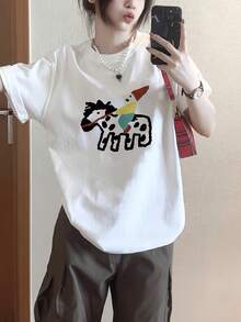 Women's Short Sleeve T-Shirt With Fun Retro American Cartoon Print, Custom Minimalist Casual Shirt, Fashionable Summer Loose Design Top - Unisex Cotton Loose Short Sleeve Crew Neck Urban Vintage Style T-Shirt. - 白色 - 查看 2