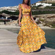 Women's Two-Piece Set With Floral Print Crop Top And Maxi Skirt, Halter Neckline, High Belt, Lightweight And Breathable Fabric Ideal For Beach, Vacation And Summer, Boho Chic Style Perfect For Beach Parties And Resorts - 黃色 - 查看 5