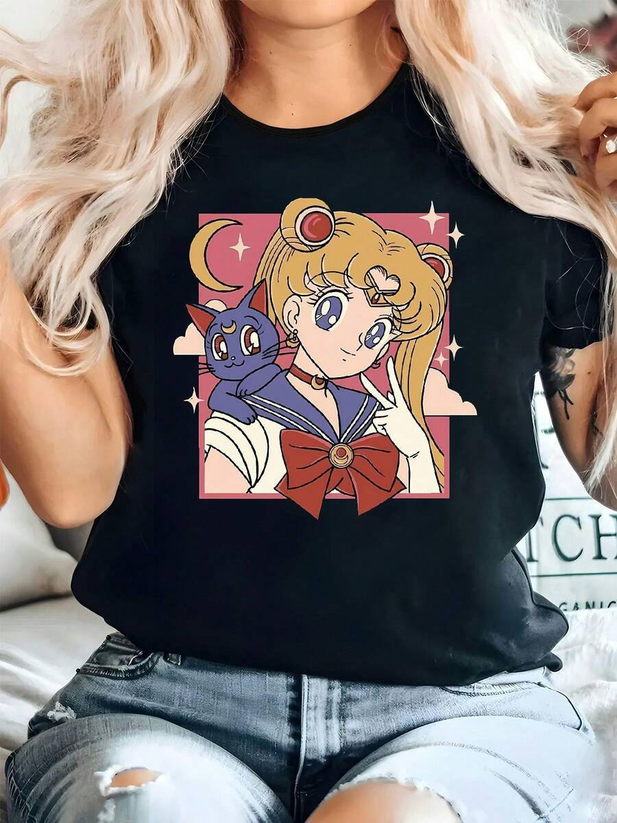 Camiseta Gráfica de Manga Corta con Cuello Redondo para Mujer Talla Grande - Estampado Geométrico Negro, Corte Holgado, Estilo Casual, Lavable a Máquina, para Primavera, Verano y Otoño, Diseño Divertido, Tela para Todas las Temporadas - Negro - Ver 1
