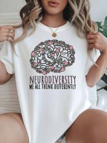 Camiseta de Mujer con Cuello Redondo y Manga Corta, Opciones en Blanco y Negro, Estampado Floral, Cerebro, Neurodiversidad, Todos Pensamos Diferentemente, Camisetas Casuales para Uso Diario, Tops de Verano, Camisetas Gráficas, Conjuntos de Verano, Camisetas Cortas para Mujer, Ropa Linda de Algodón Vintage para Mujer, Playeras de Mujer - Blanco - Ver 7
