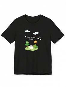 Simple And Versatile Design: New Spring/Summer Collection - Women's Short Sleeve T-Shirt With Cartoon Print "Picnic Time", Cotton T-Shirt With Round Neck. - 黑色 - 查看 1