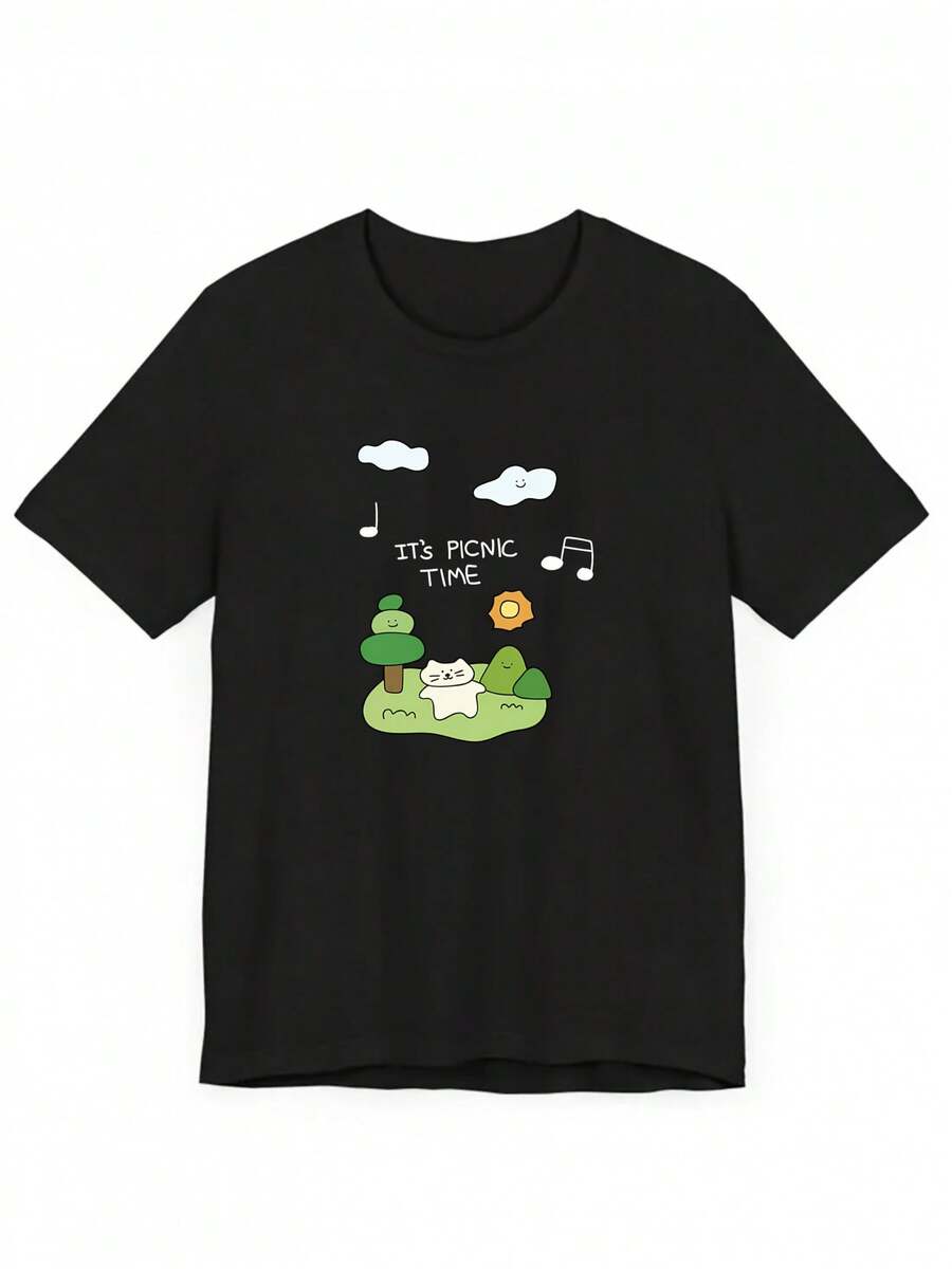 Simple And Versatile Design: New Spring/Summer Collection - Women's Short Sleeve T-Shirt With Cartoon Print "Picnic Time", Cotton T-Shirt With Round Neck. - 黑色 - 查看 1