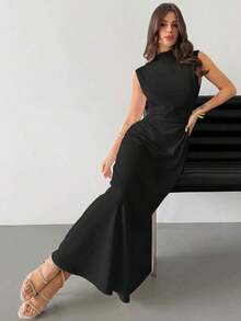Vestido maxi de línea A con cuello alto, sin mangas, con volantes, elegante y romántico, color blanco, adecuado para citas, uso diario y el trabajo - Negro - Ver 6