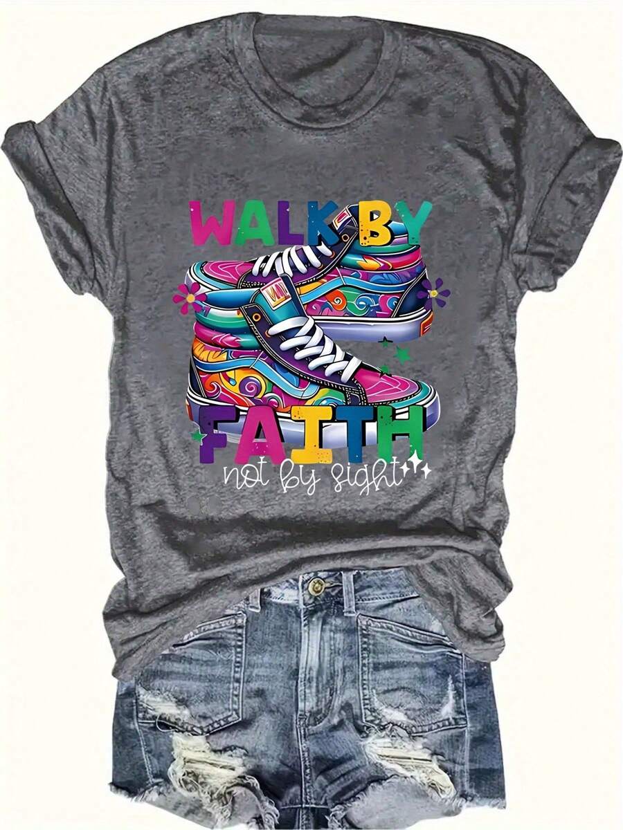 Camiseta Casual de Talla Grande para Mujer con Cuello Redondo y Estampado Colorido de Zapatillas Deportivas con la Frase "Walk by Faith", Manga Corta, Tela Ligeramente Elástica, Perfecta para Primavera y Verano - Gris Oscuro - Ver 1