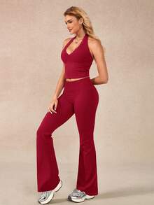 NcmRyu Women's One Set Solid Color Lace Trim V-Neck Halter Backless Vest & Ruched Flare Pants Sports Suit - Red - View 10