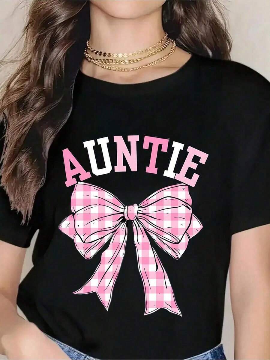 TideAuntie Women's Red Bow And Pink Plaid Print T-Shirt, Casual Summer Top, Aunt's Birthday Gift, Mother's Day Celebration, Fashionable Women's T-Shirt. - 黑色 - 查看 1