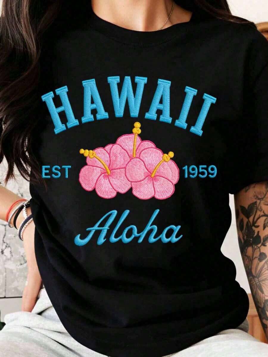 Women's T-Shirt With Hawaiian Aloha Flower Print Est. 1959, Hawaiian Style, For Summer Beach Vacation, 100% Pure Cotton - 黑色 - 查看 1