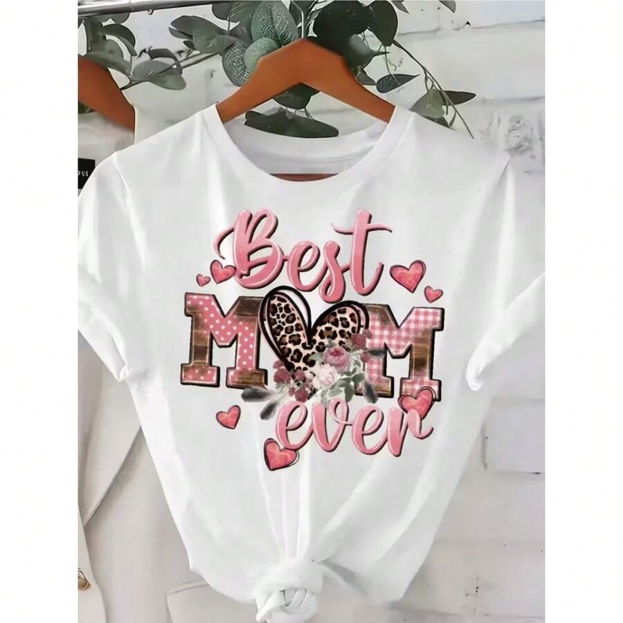 Camiseta unisex de cuello redondo 180G (1XL, multicolor) - Camiseta con estampado gráfico de 'Best Mom', Top con estampado floral y de corazón de leopardo, Camiseta cómoda de manga corta y corte holgado, Ropa casual para - Blanco - Ver 1