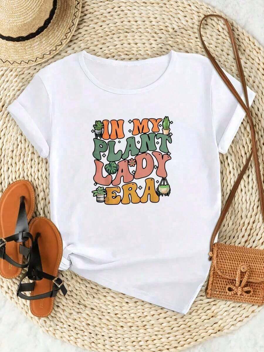 short-sleeveCamiseta de Cuello Redondo para Mujer "In My Plant Lady Era" con Bonito Estampado Botánico, Ropa para Amantes de las Plantas, Ropa Casual de Verano, Top de Moda, 100% Algodón, Blusas Casuales para Mujer100% Cotton - Blanco - Ver 1