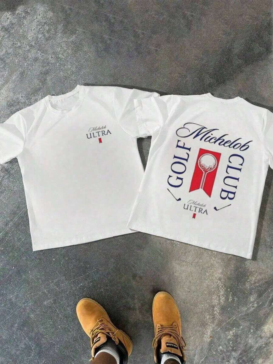 Camiseta Casual de Cuello Redondo para Hombre, 1 Pieza, 100% Algodón, 220g, Impresión Digital de Doble Cara, Combinando Elementos de Michelob Ultra y Golf para Entusiastas de la Cerveza y el Golf, Camiseta de Manga Corta - Blanco - Ver 1