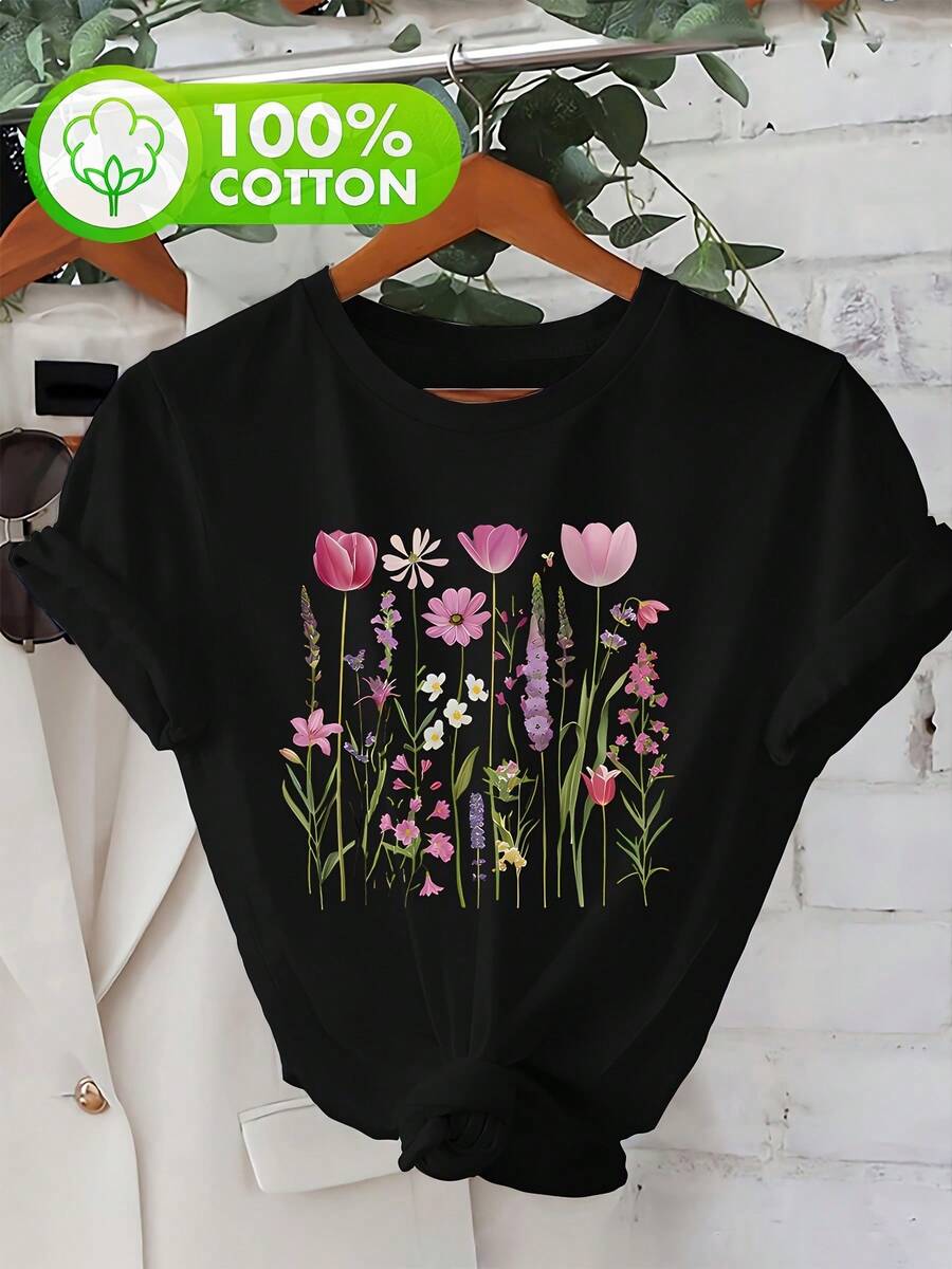 Camiseta de Mujer con Estampado Floral, Ajustada, Casual, de Cuello Redondo para Verano, Blusa para Salir para Mujer - Negro - Ver 1