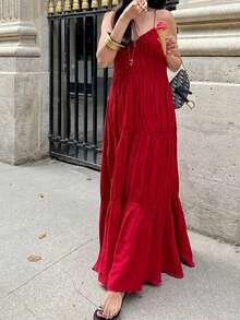 Vestido mujer primavera nuevo liso pliegues corte ajustado elegante estilo oficina moda europea chic - Rojo - Ver 10