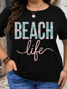 Camiseta Gráfica Oversize "Beach Life" para Vacaciones de Verano, Top Casual para Mujer, Es una Camiseta Perfecta para Regalar a Amigos y Familiares en Cualquier Día Festivo o Ocasión Especial, Ropa Fresca de Verano para Mujer. - Negro - Ver 2