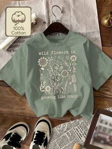 Limited EditionPlus Size, Wild Flowers, Growing Plus-size Women's Printed Casual Round-neck Short-sleeved TopLightweight Cotton - Blanco - Ver 9