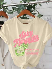 Camiseta de manga corta con cuello redondo y estampado para mujer, de corte regular, perfecta para atuendos casuales diarios en primavera y verano. - Albaricoque - Ver 12