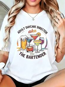Ropa Curvy en Oferta y , Camiseta Gráfica 'Director de Guardería de Adultos AKA El Camarero', Cuello Redondo Casual, Manga Corta, Corte Regular, Para Todas las Temporadas, Diseño Estampado, Dobladillo Acampanado, Tela, Regalo Perfecto para Camareros, Mujeres, Papá, Amigos, Camisetas para Mujer Y2K - Blanco - Ver 5