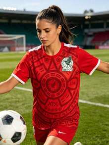 Camiseta de mujer de manga corta con cuello redondo en contraste, ajuste entallado, diseño deportivo con estampado de México y patrón gráfico, estilo casual deportivo, ideal para verano,Moda y camisetas premium - Rojo - Ver 7
