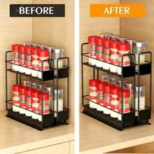 Stainless Steel Spice Rack Storage Box With Pull-Out Shelves And Sliding Drawers, Suitable For Cabinets - Double Pull-Out Storage Rack, Space-Saving Kitchen Organization Rack. - White - View 2