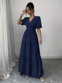 Vestido largo con cuello en V elegante, cintura recogida, pliegues, bajo acampanado y mangas abullonadas, color púrpura, de uso casual y para vacaciones, para primavera/verano - Azul marino - Ver 5