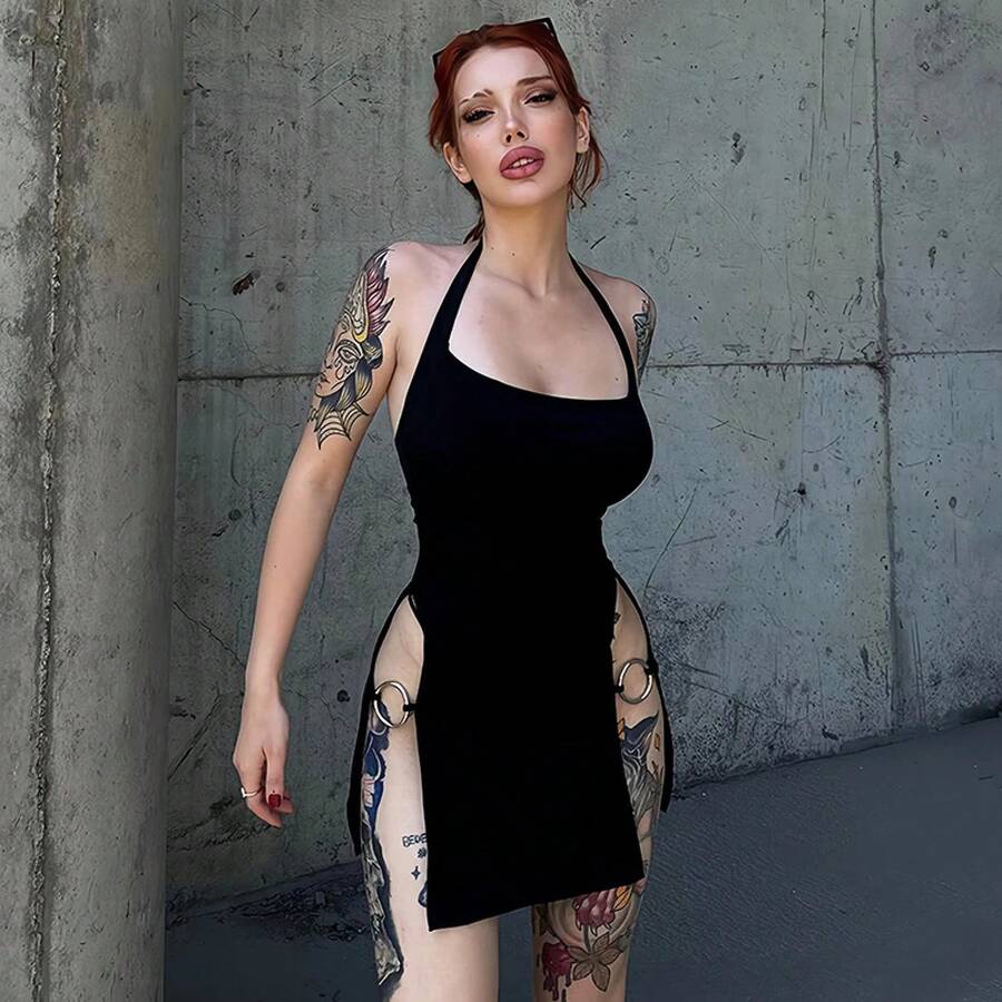 NOVEDAD DE VERANO 2024, vestido Sexy de tubo de especias con cuello Halter abierto y espalda descubierta de Color sólido - Negro - Ver 1