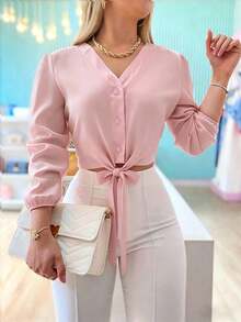 Blusa elegante y versátil con nudo delantero de unicolor para mujer, apta para uso casual diario, en el hogar, para ir al trabajo y en citas, primavera - Rosa - Ver 1