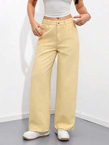 Jeans rectos y sueltos con bolsillos - Amarillo - Ver 1