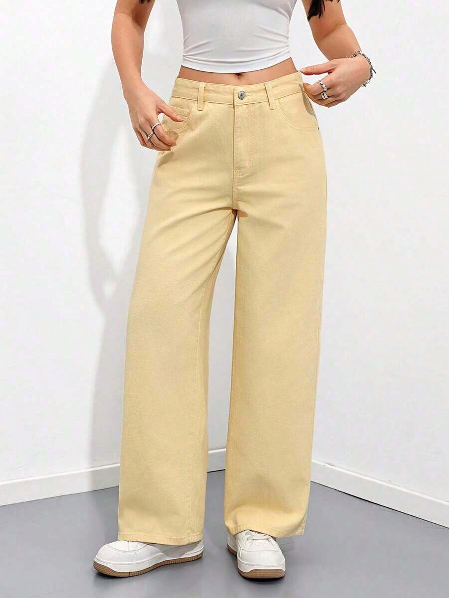 Jeans rectos y sueltos con bolsillos - Amarillo - Ver 1