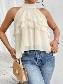 Blusa de gasa con volantes asimétricos y cuello suelto - Beis - Ver 3