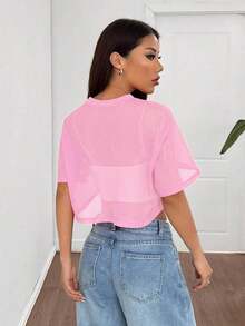 Top de malla negra de manga corta para mujer - Rosa - Ver 2