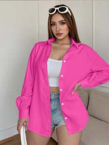 Camisa casual/de trabajo de manga larga, de un solo pecho y de unicolor para mujer de talla grande - Rosa Fucsia - Ver 6