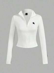 2 piezas Conjunto versátil de ropa deportiva de punto blanca y negra para yoga y fitness, camiseta de manga larga con cremallera y bordado gráfico de letras, elegante para otoño/invierno - Multicolor 4 - Ver 3