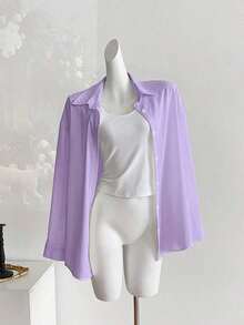 Camisa casual/de trabajo de manga larga, de un solo pecho y de unicolor para mujer de talla grande - Morado - Ver 5