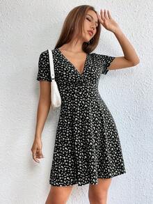 Vestido De Manga Corta Para Mujer Con Estampado Floral - Negro - Ver 6