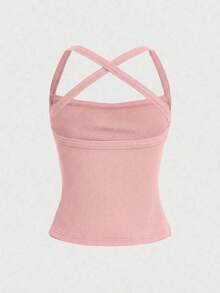 deportivo casual de unicolor, sexy, con espalda descubierta y tirantes cruzados, adecuado para el verano - Rosa - Ver 6