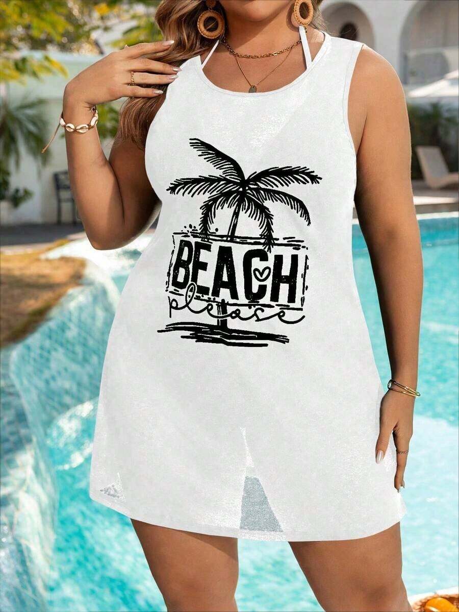 Mono vestido con estampado de árbol de coco talla grande para mujer, atuendo casual para vacaciones en la playa - Blanco - Ver 1